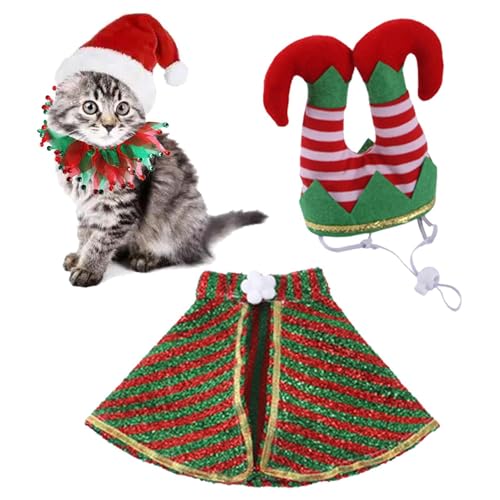 Katzen-Weihnachtskostüm, 3 Hunde-Outfits für Weihnachten, Plüsch-Clown-Kragen, Hut, bequem, verstellbar, niedliches Kostüm, Haustierkleidung für Weihnachten, Kostüme, Welpen von Dgkdek