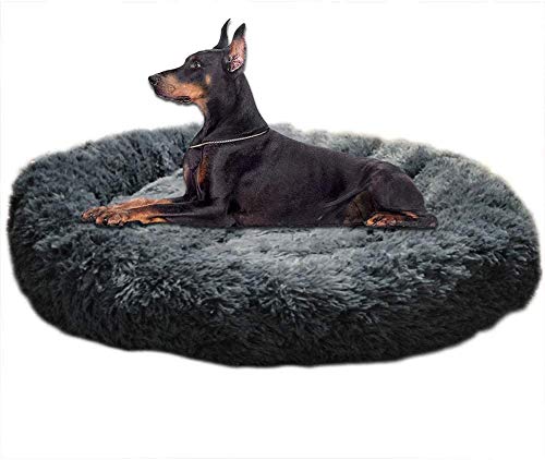 Beruhigendes Hundebett aus Kunstfell, Durchmesser 110 cm, Anti-Angst, rund, warmes Hundekissen für kleine, mittelgroße und große Haustiere, waschbar, luxuriöser Plüschkorb, rutschfest von Dhao