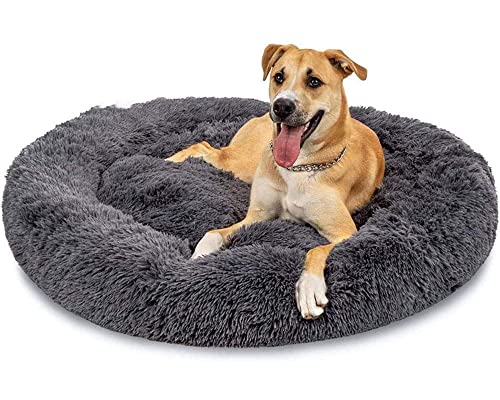 Großes Hundebett, flauschiges Plüschkissen für mittelgroße Hunde, rutschfest, für Katzen, Welpen, kleine Hunde, Haustierbett, waschbar, warm, Kunstfell, beruhigendes Bett, S-60 cm, Dunkelgrau von Dhao