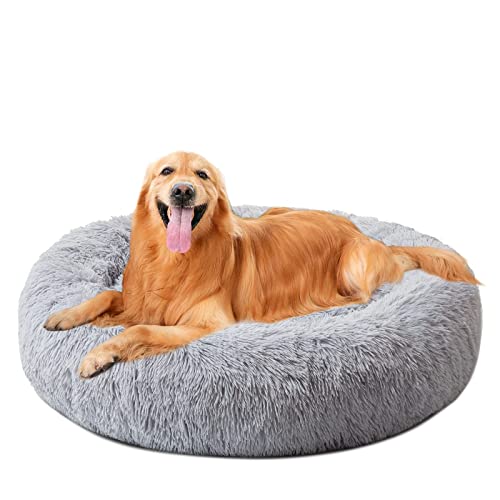 Großes Hundebett, rund, Kunstfell, beruhigend, weich, warm, Katzen-Donut-Bett, gemütlich, Plüsch-Hundekissen, rundes Nest Haustier-Schlafbett für mittelgroße und große Hunde von Dhao