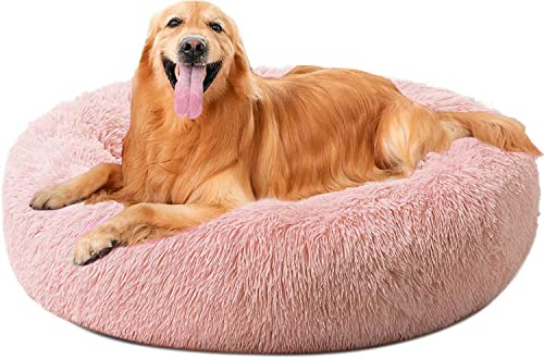 Großes Hundebett, rund, Kunstfell, beruhigend, weich, warm, Katzen-Donut-Bett, gemütlich, Plüsch-Hundekissen, rundes Nest Haustier-Schlafbett für mittelgroße und große Hunde von Dhao