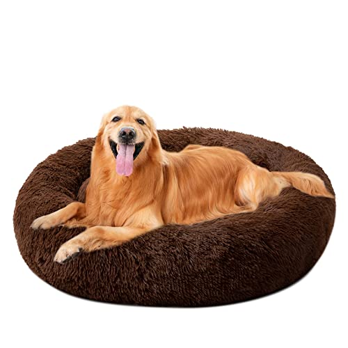 Großes Hundebett, rund, Kunstfell, beruhigend, weich, warm, Katzen-Donut-Bett, gemütlich, Plüsch-Hundekissen, rundes Nest Haustier-Schlafbett für mittelgroße und große Hunde von Dhao