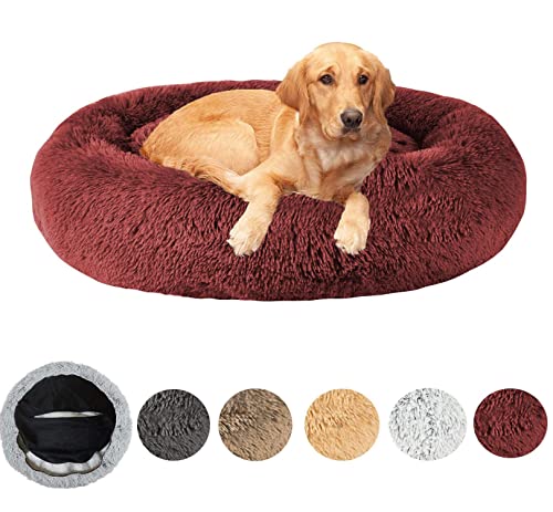 Hundebett, rund, Plüsch, abnehmbarer Bezug, waschbar, großes Donut-beruhigendes Hundebett, Angstlinderung, gemütliches Kissen mit rutschfester Unterseite für große, mittelgroße Hunde, XL von Dhao