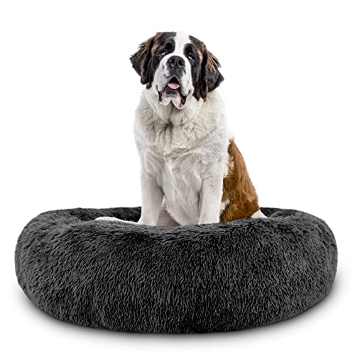 Rundes Hundebett aus Kunstfell, beruhigendes Bett, waschbares, flauschiges Kissen, superweich, selbstwärmend, Donut-Kuddler, Hundebett für große, mittelgroße Hunde und Katzen, Ø 110 cm, Dunkelgrau von Dhao