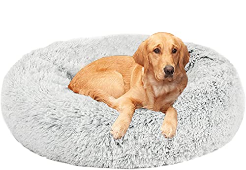 Rundes Hundebett aus Kunstfell, beruhigendes Bett, waschbares, flauschiges Kissen, superweich, selbstwärmend, Donut-Kuddler Hundebett für große, mittelgroße Hunde und Katzen, Ø 110 cm, Hellgrau von Dhao