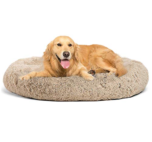 Rundes Hundebett aus Kunstfell, waschbar, flauschiges Kissen, superweich, selbstwärmend, Donut-Kuschel-Hundebett für große, mittelgroße Hunde und Katzen, Ø 70 cm, Beige von Dhao