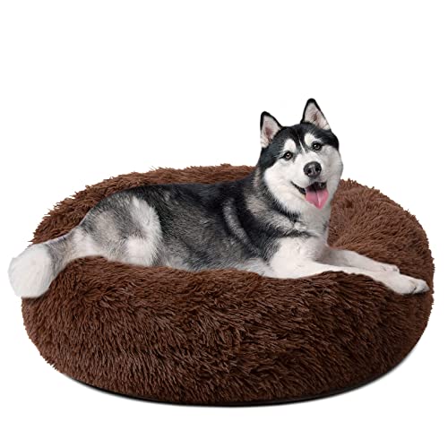 Rundes Hundebett aus Kunstfell, beruhigendes Bett, waschbares, flauschiges Kissen, superweiches, selbstwärmendes Donut-Kuddler-Hundebett für große, mittelgroße Hunde und Katzen, Ø 70 cm, Braun von Dhao