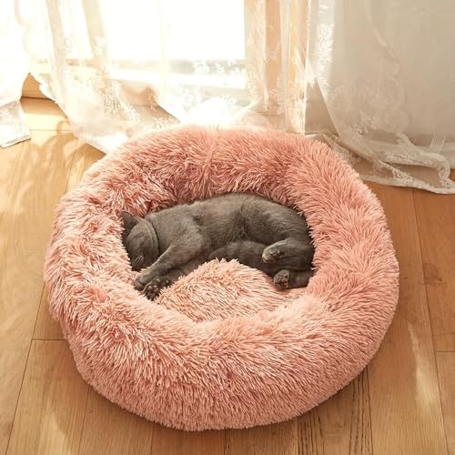 Beruhigendes Hunde- und Katzenbett, Anti-Angst, Donut-Kuschelbett, wärmend, gemütlich, weich, rund, waschbar, flauschiges Kunstfell-Plüschkissen, Bett für Hunde und Katzen, herausnehmbares Polster von Dhohoo