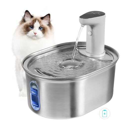 Trinkbrunnen für Katze Edelstahl Kabellos Katzenbrunnen mit Bewegungsmelder 3L Leiser Katzen Trinkbrunnen mit Wasserstandsfenster 5000mAh Akkukapazität Trinkbrunnen für Katzen mit Aktivkohlefilter von Dhohoo