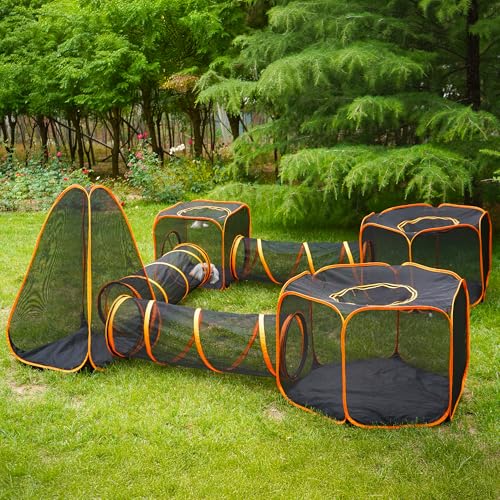 DiDiBirDi Outdoor Katzenlaufstall, faltbares Katzengehege, tragbares Pop-Up-Mesh-Zelt, Haustierzelt mit drei Tunnelkanälen, tragbares Outdoor-Tiergehege für Hunde (Orange, 7-in-1) von DiDiBirDi