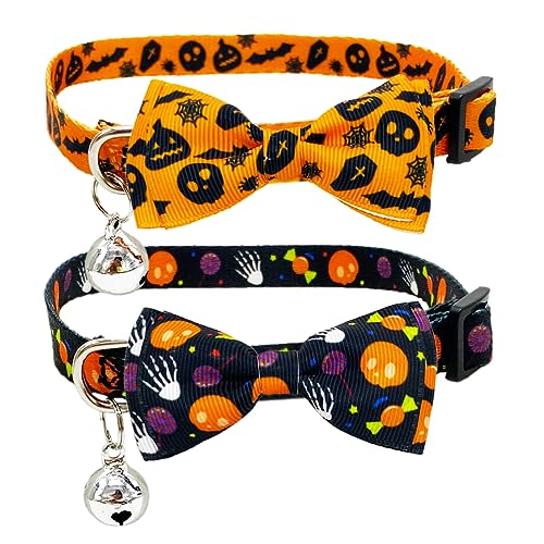 Halloween-Katzenhalsband mit Fliege und Glocke, Sicherheits-Kätzchen-Halsbänder für Urlaub, Totenkopf, Kürbis, Fledermäuse, Spinnweben, Süßigkeitenmuster, Orange und Schwarz, 2 Stück von Diaurbsie