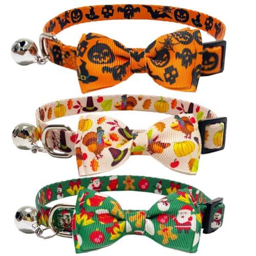 Katzenhalsband für Halloween, Thanksgiving, Weihnachten, mit Fliege und Glöckchen, Sicherheits-Kätzchen-Halsbänder für Urlaub, Orange, Beige und Grün, 3 Stück von Diaurbsie