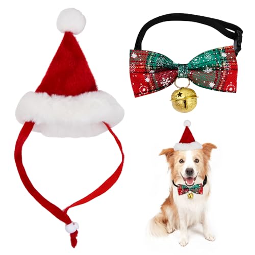 Weihnachten Katzenkostüm Hundekostüm Haustier Weihnachtskostüme Set, Kragen Fliege Hundehalsband Schneeflocke und Haustier Weihnachtsmütze Verstellbare Weihnachtsmann Anzug für Kleine Hunde Katzen(M) von Dibotell