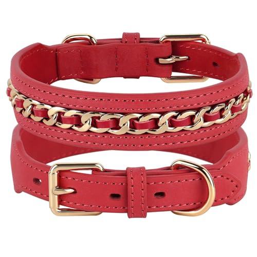 Didog Echtes Leder Hundehalsband, geflochtene Hundehalsband Leder stilvolle dauerhafte Metallkette Hundehalsband für mittlere große Hunde, rot, L von Didog