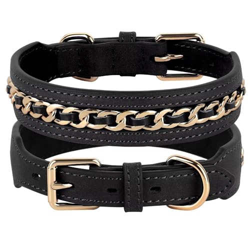 Didog Echtes Leder Hundehalsband, geflochtene Hundehalsband Leder stilvolle dauerhafte Metallkette Hundehalsband für mittlere große Hunde, schwarz, L von Didog