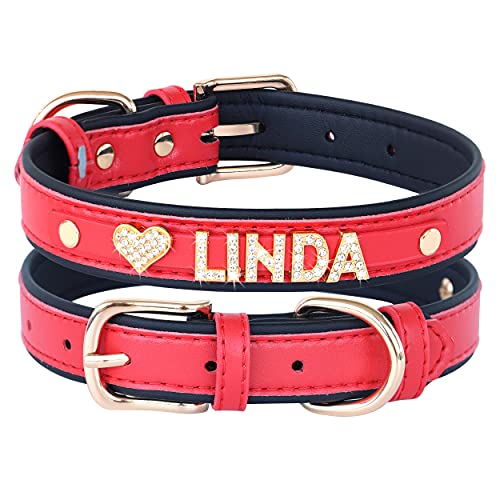 Didog Glattes Kunstleder-Hundehalsband mit Strasssteinen, personalisierbar, für kleine und mittelgroße Hunde (M: 1,9 cm, 30,5–38,1 cm, Rot-1) von Didog