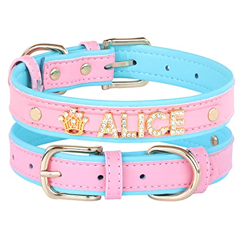 Didog Glattes Kunstleder-Hundehalsband mit Strasssteinen, personalisierbar, für kleine und mittelgroße Hunde (XS: 1,6 cm, 20,3 - 25,4 cm, Rosa-1) von Didog