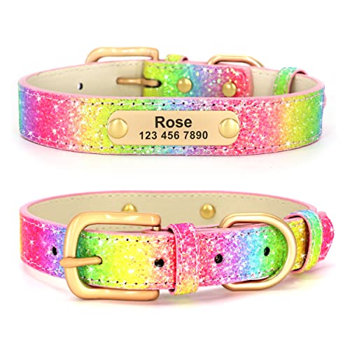 Didog Glitzer-Hundehalsband, personalisierbar, PU-Leder mit glitzernden Pailletten, personalisierbares Hundehalsband graviertem Namensschild kleine, mittelgroße Hunde und Katzen, Regenbogen, Größe L von Didog