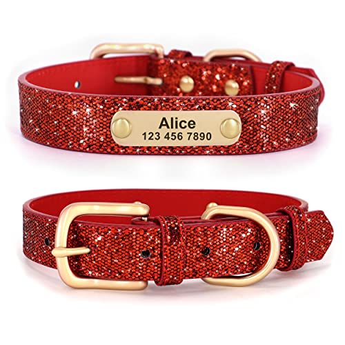 Didog Glitzer-Hundehalsband, personalisierbar, PU-Leder mit glitzernden Pailletten, personalisierbares Hundehalsband mit graviertem Namensschild für kleine, mittelgroße Hunde und Katzen, Rot, Größe M von Didog