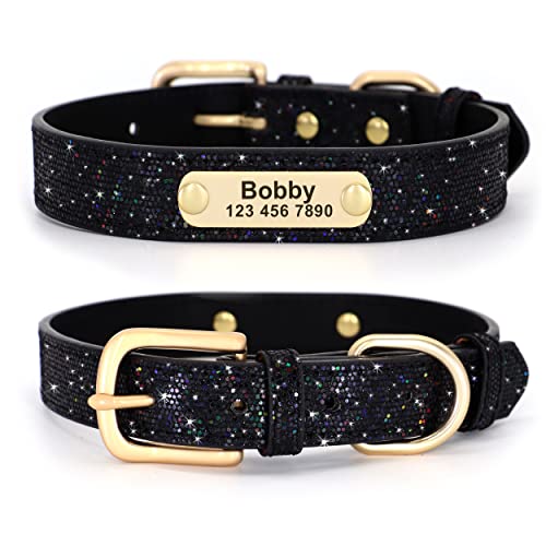 Didog Glitzer-Hundehalsband, personalisierbar, PU-Leder mit glitzernden Pailletten, personalisierbares Hundehalsband mit graviertem Namensschild kleine, mittelgroße Hunde und Katzen, Schwarz, Größe M von Didog