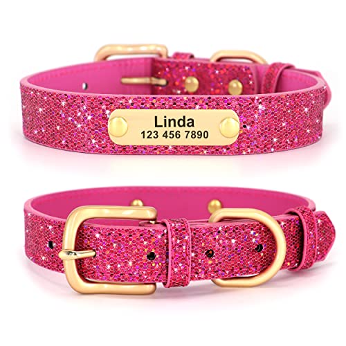 Didog Glitzer-Hundehalsband, personalisierbares PU-Lederhalsband glitzernden Pailletten, personalisierbares Hundehalsband mit graviertem Namensschild kleine, mittelgroße Hunde und Katzen, Hot Pink, S von Didog