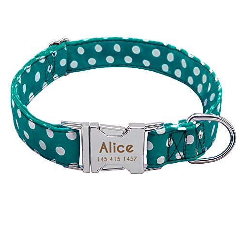 Didog Hundehalsband, weiches Nylon mit Edelstahl-Schnellverschluss-Schnalle, Punktemuster mit Namensschild, für kleine, mittelgroße Hunde, Blau, Größe M von Didog