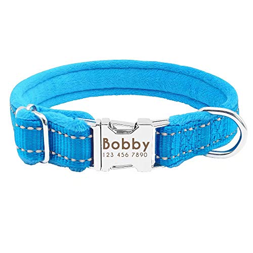 Didog Weich gepolstertes Hundehalsband, Flanell gepolstertes Hundehalsband, reflektierende Gravur, Halsband für kleine, mittelgroße und große Hunde, Blau, Größe M von Didog