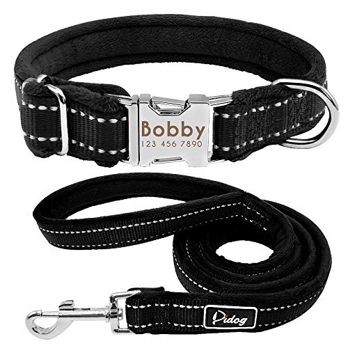 Didog Weich gepolstertes Hundehalsband und Leine, Flanell-gepolstertes Hundehalsband-Set, reflektierendes Halsband mit Gravur, mit 122 cm Langer Leine, Schwarz, Größe M von Didog