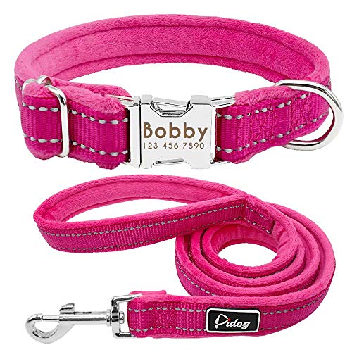 Didog Weich gepolstertes Hundehalsband und Leine, Flanell-gepolstertes Hundehalsband-Set, reflektierendes Halsband mit Gravur, mit 122 cm langer Leine für kleine, mittelgroße und große Hunde, Rosa von Didog