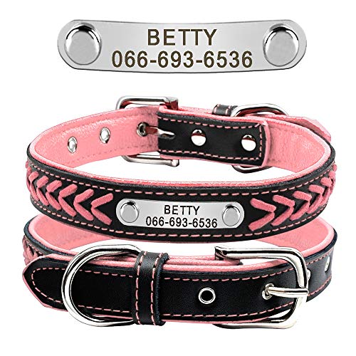 Didog Hundehalsband aus geflochtenem Leder, mit Gravur, mit personalisiertem Namensschild, für kleine, mittelgroße und große Hunde, Pink, Größe XL von Didog