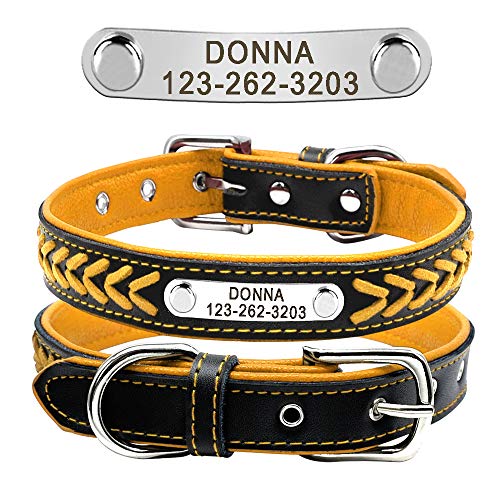 Didog Hundehalsband aus geflochtenem Leder, mit Gravur und personalisiertem Namensschild für kleine, mittelgroße und große Hunde, Gelb, Größe XL von Didog