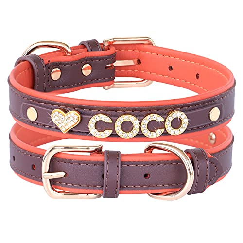 Didog Hundehalsband aus glattem PU-Leder, mit Strasssteinen, personalisierbar mit Namensbuchstaben, passend für kleine und mittelgroße Hunde (Größe M: 1,9 x 30,5–38,1 cm, Kaffeebraun) von Didog