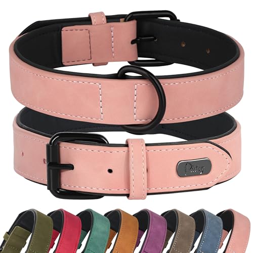 Didog Hundehalsband aus weichem, gepolstertem Leder, atmungsaktives, strapazierfähiges Hundehalsband aus Leder mit Verstellbarer, rostfreier Metallschnalle für mittelgroße und große Hunde, Rosa, L von Didog