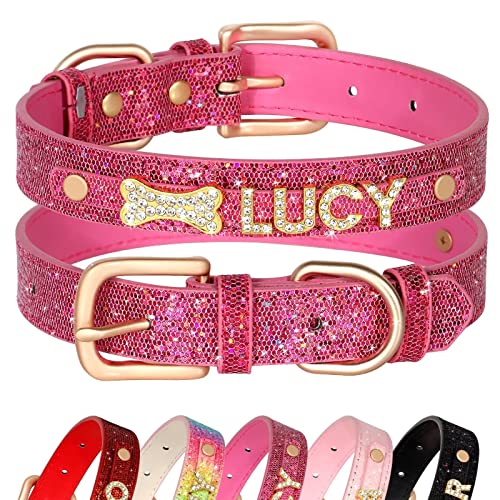 Didog Personalisierte Glitzer-Hundehalsbänder, PU-Leder, benutzerdefinierte Hundehalsbänder mit glitzernden Strasssteinen, Haustiername für kleine, mittelgroße Hunde und Katzen, Hot Pink, XS von Didog