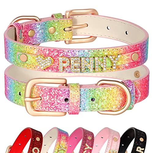 Didog Personalisierte Glitzer-Hundehalsbänder, PU-Leder, benutzerdefinierte Hundehalsbänder mit glitzernden Strasssteinen, Haustiername für kleine, mittelgroße Hunde und Katzen, Regenbogen, S von Didog