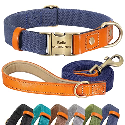 Didog Personalisiertes Hundehalsband und 1,5 m Leinen-Set für kleine, mittelgroße und große Hunde, langlebige Hundehalsbänder, verstellbar mit gravierter Metallschnalle, marineblau, Set-individuell, L von Didog