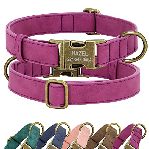 Didog Personalisiertes Leder-Hundehalsband, weiche langlebige individuelle verstellbares Hundehalsband mit Namensschild Schnellverschluss-Metallschnalle für kleine, mittelgroße große Hunde, lila, L von Didog