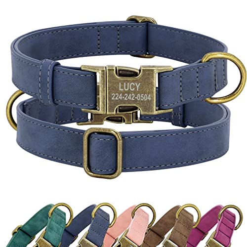 Didog Personalisiertes Leder-Hundehalsband, weiches langlebiges individuelles verstellbares Hundehalsband mit Namensschild Schnellverschluss-Metallschnalle für kleine, mittelgroße große Hunde, blau, L von Didog