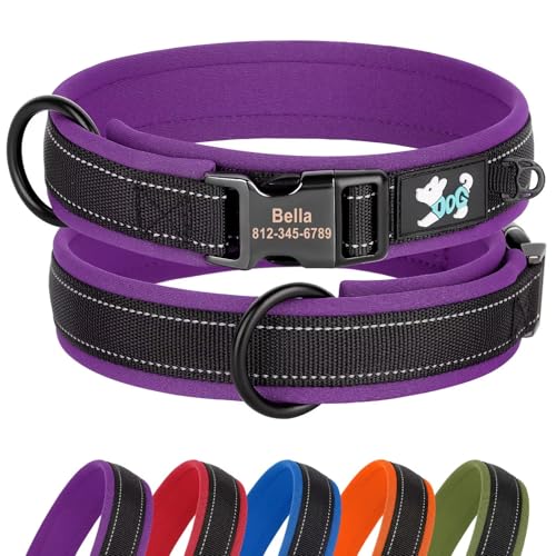 Didog Personalisiertes Nylon-Hundehalsband, Weich Neopren Gepolsterte Custom Hundehalsbänder, Reflektierendes Hundehalsband mit Gravur Namensschild für kleine, mittelgroße und große Hunde, Lila, XL von Didog