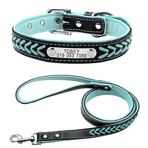 Didog Stilvolles, gepolstertes Hundehalsband und Leine, Leder, personalisierbar, für kleine und mittelgroße Hunde und Katzen, Blau, Größe M von Didog