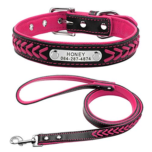 Didog Stilvolles, gepolstertes Hundehalsband und Leine, Leder, personalisierbar, für kleine und mittelgroße Hunde und Katzen, Hot Pink, Größe M von Didog