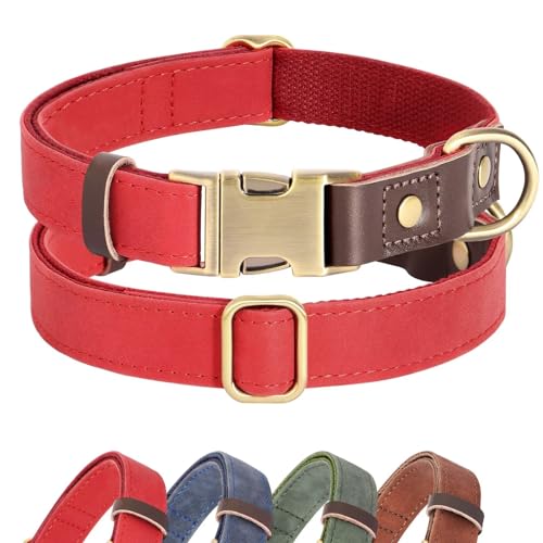 Didog Weich gepolstertes Leder-Hundehalsband für große Hunde, klassisches, robustes Hundehalsband mit Schnellverschluss-Metallschnalle, verstellbar, großes Hundehalsband, Leder, Rot, Größe L von Didog