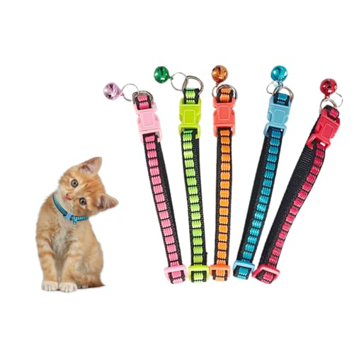 Diffaxy Katzenhalsband mit Sicherheitsverschluss 5-Stück, Verstellbares Halsband Katze mit Glöckchen, Leuchtenden Farben Katzen Halsbänder für alle Hauskatzen von Diffaxy