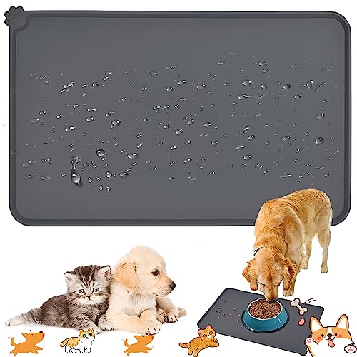 Dilightnews silikon hundematte, futternapf unterlage Katze, silikon unterlage mit Rand, silikon rutschfeste hundenapf Matte, für Futternäpfe Wassernapf, Futtermatte, 48x30cm, Grau von Dilightnews