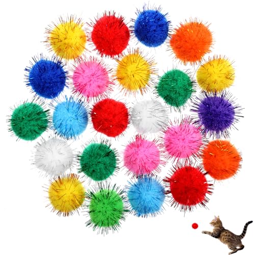 Dimeho 60 Stück blinkende Bälle in verschiedenen Farben, Katzen-Pom-Bälle für Katzen, Lieblingsspielzeug, Lametta, Pompons, interaktives Bommel, Katzenspielzeug, große flauschige Katzenbälle für von Dimeho