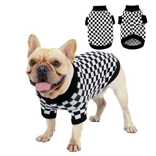 Karierter Hundepullover für kleine Hunde, Rollkragen, gestrickter Katzenpullover, dicke warme Haustierkleidung, Outfits für Chihuahua, Bulldogge, Dackel, Mops, Yorkie (Größe XL, Schwarz) von Dimerryi