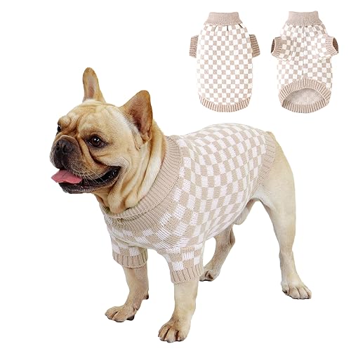 Plaid Dog Sweater for Small Dogs Pullover Rollkragen Knitted Cat Sweater Thick Warm Pet Clothes Outfits for Chihuahua, Bulldog, Dackel, Mops, Yorkie (X-Large, Khaki) von Dimerryi