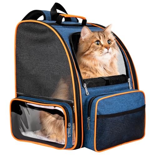 Discala Katzen-Rucksack für mittelgroße und kleine Hunde bis zu 9 kg, Haustier-Tragerucksack, belüftetes Netzgewebe, weiche Seiten, für Reisen, Wandern, Outdoor – Blau von Discala