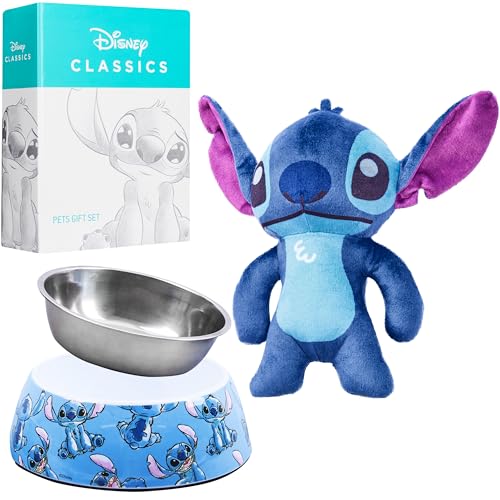 Disney Hunde Napfset mit Quietschspielzeug, Baby Yoda Lilo und Stitch Kuscheltier für Hunde mit Fressnapf Futternapf Hund (Blau Stitch) von Disney