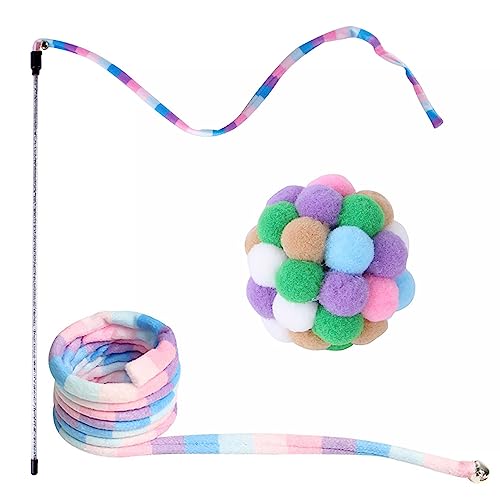 Ditanpu Katze Regenbogen Zauberstab Spielzeug | Interaktives Stick-Katzenspielzeug, Schnurspielzeug-Set,Regenbogenband-Charmer-Zauberstab, sicher, bunt, mit Kugel für Kätzchen von Ditanpu